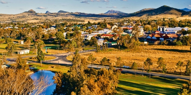 arial view of the small rural town of Boonah, QLD with hills in the background