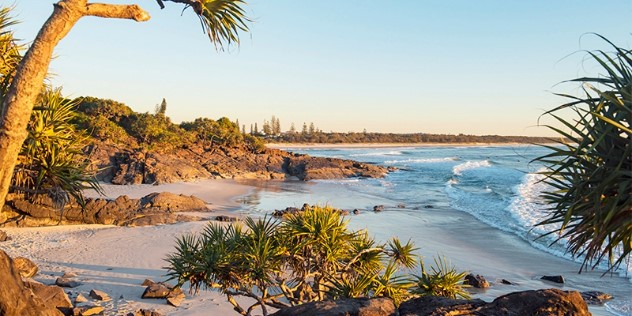 Spiky beach bush plants in the foreground open into a picturesque tropical beach of sand and green-topped rocks at golden hour, as waves lap at the shore.