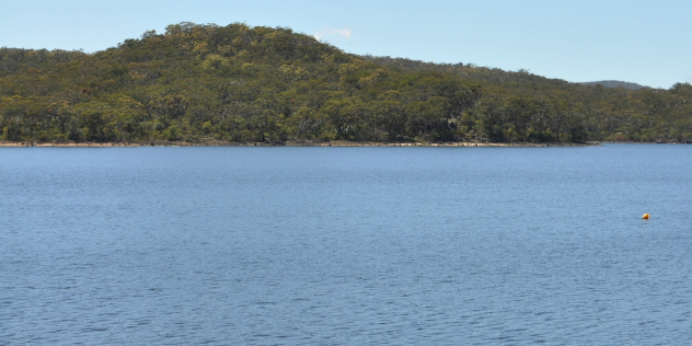  A river full after rain, rising right up to the tree line of green hills along the shore, framed by blue sky.