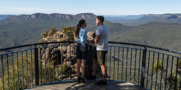 A man and woman stand at a railing over a vast green canyon with flat-topped peaks.