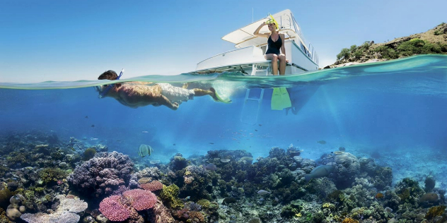 A man snorkeling over corals and fish, while a woman hangs her flippers into the water from a boat floating on the surface. 