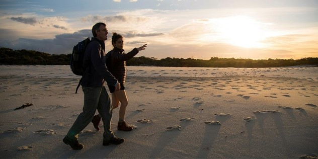  A couple walks across the Bay of Fires sands as the sun sets near Eddystone point, Tasmania. 