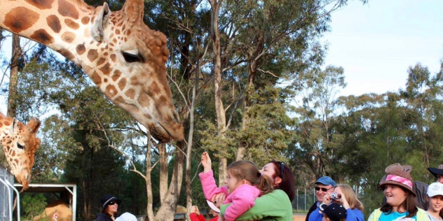 woman lifts girl to feed giraffe