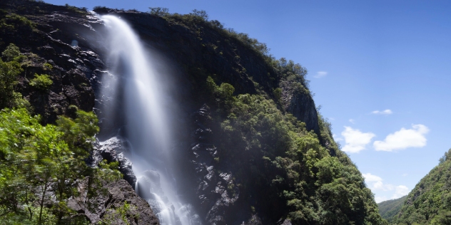 looking up at waterfall cascading down black rock surrounded by trees and shrubs