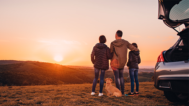 A family watching the sunset next to the open boot of their car