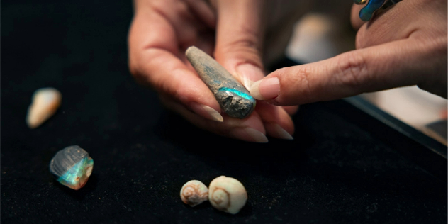 A hand holding a torch-shaped rock with a shaft of bright blue opal peeking out, against a black velvet table with a shell and smaller opal on it.