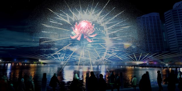  A projection of a blooming, pink chrysanthemum flower in the darkness over part of Sydney Harbour.