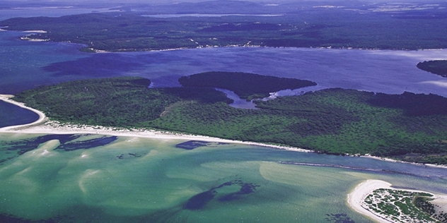 arial view of myall lake coastline