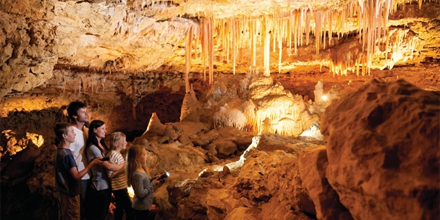 family of five admire rock formations in a limestone cave