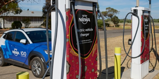 view from behind the nrma charging stations at Wilcannia with a blue and white nrma electric vehicle charging