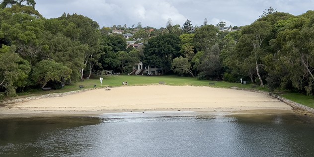 The view of small beach from the water in the daytime, the light-coloured sand leads to a small park-like crop of grass surrounded by tall trees, with buildings visible in the distance. 