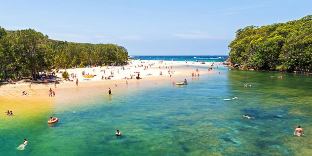 A turquoise lagoon with swimmers and families all around a white sand beach framed by tall tropical foliage.