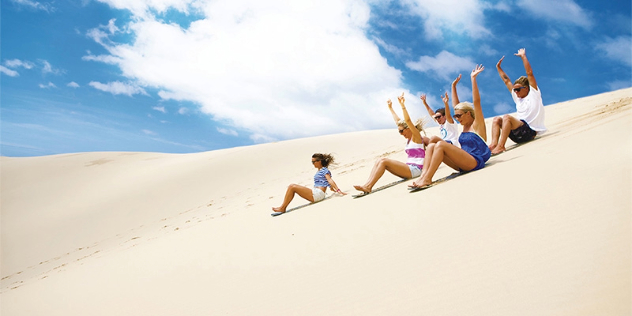 five people with their arms stretched into the air slide down a sand dune