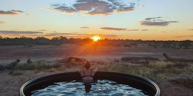 A woman seen from behind in a large water tank, looking over a paddock at sunset on the treeline.