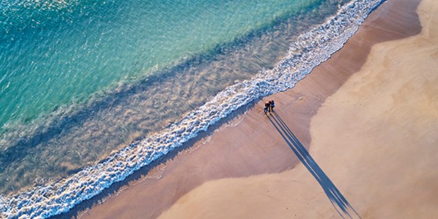 An aerial view of a turquoise blue water lapping on a sandy beach, a couple stands on the beach, their shadows elongated behind them on the sand. 