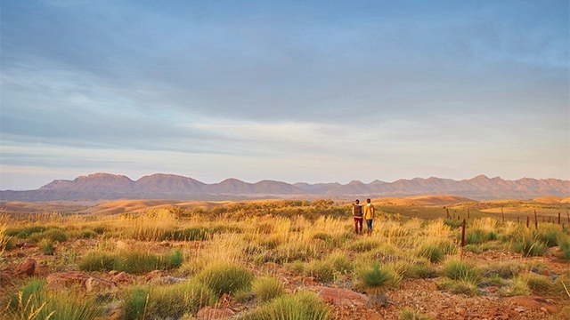 Upalinna Flinders Ranges-SA Couple looking at plains and hills at Upalinna Flinders Ranges-SA