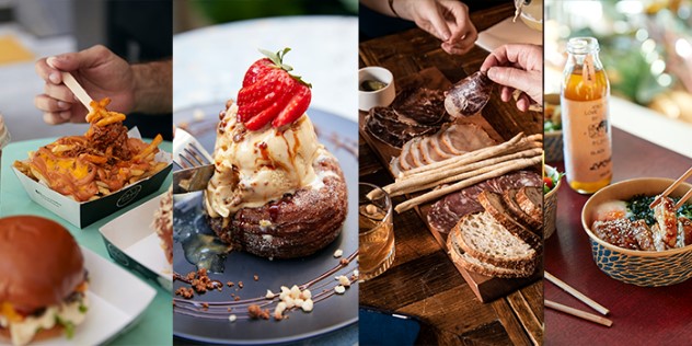  A collage of a burger and fries, donut, charcuterie board, and a bowl of rice with chicken and greens.