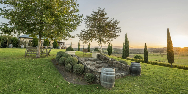 A manicured garden behind Cupitt’s Winery as sun sets over hills in the distance, with rounded hedges, a wooden bench, and stone steps flanked by upright wine barrels. 